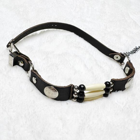 no brand Jewelry - Black Leather Strap Western Style Beaded Choker Buckle Necklace Punk Y2K